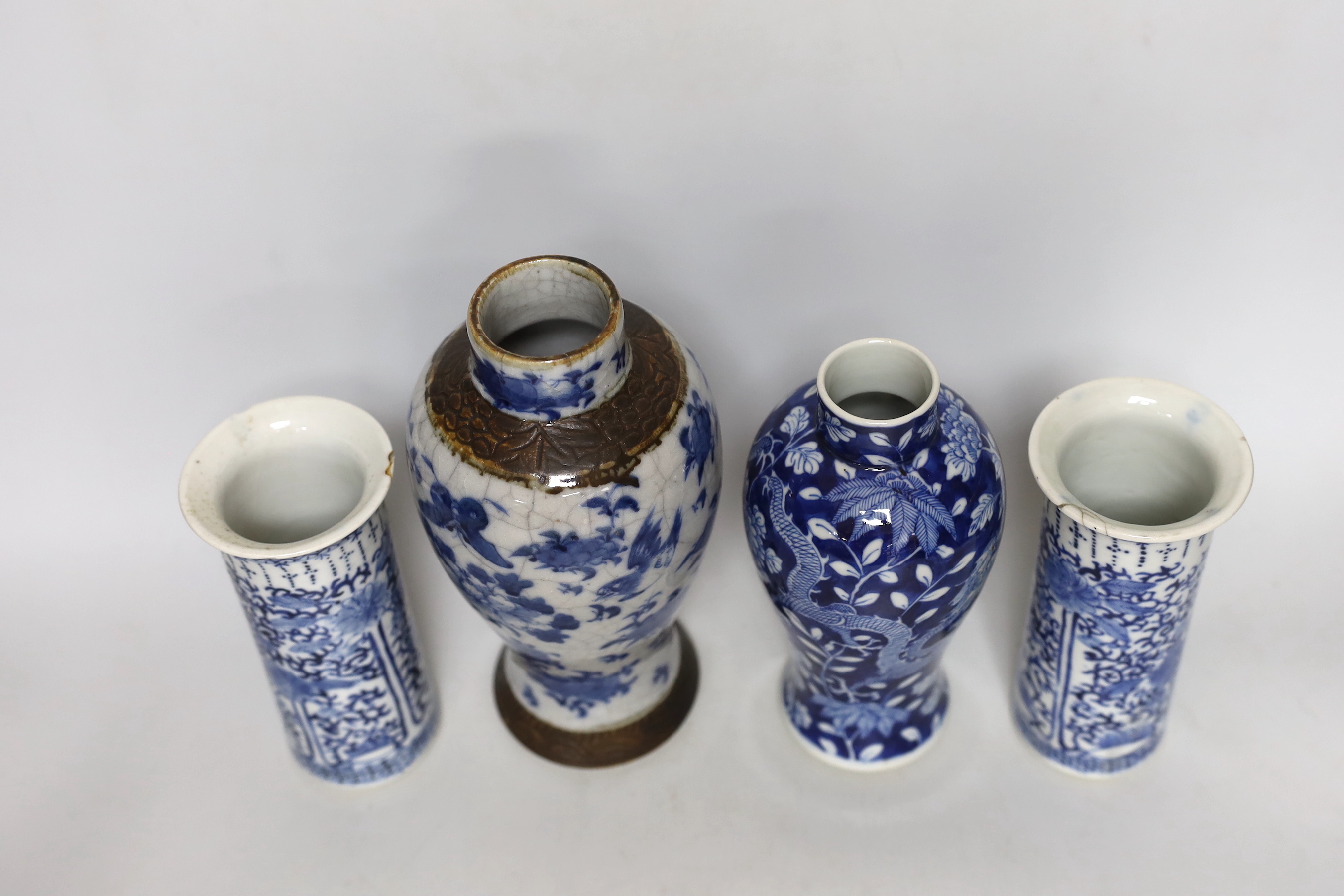 A pair of Chinese blue and white sleeve vases, a crackle ware vase, a dragon vase and a bowl, crackleware vase, 22cm high